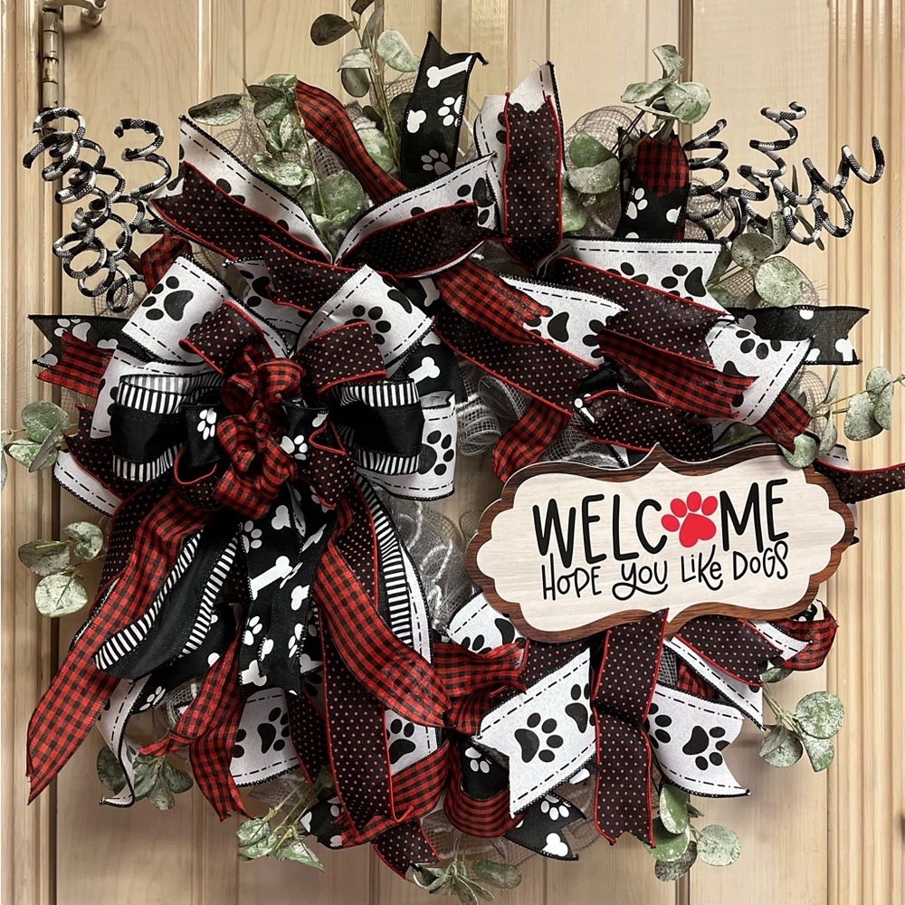 Welcome Hope You Like Dogs Door Wreath LARGE 24” Inch Red Black Paw Print Lover